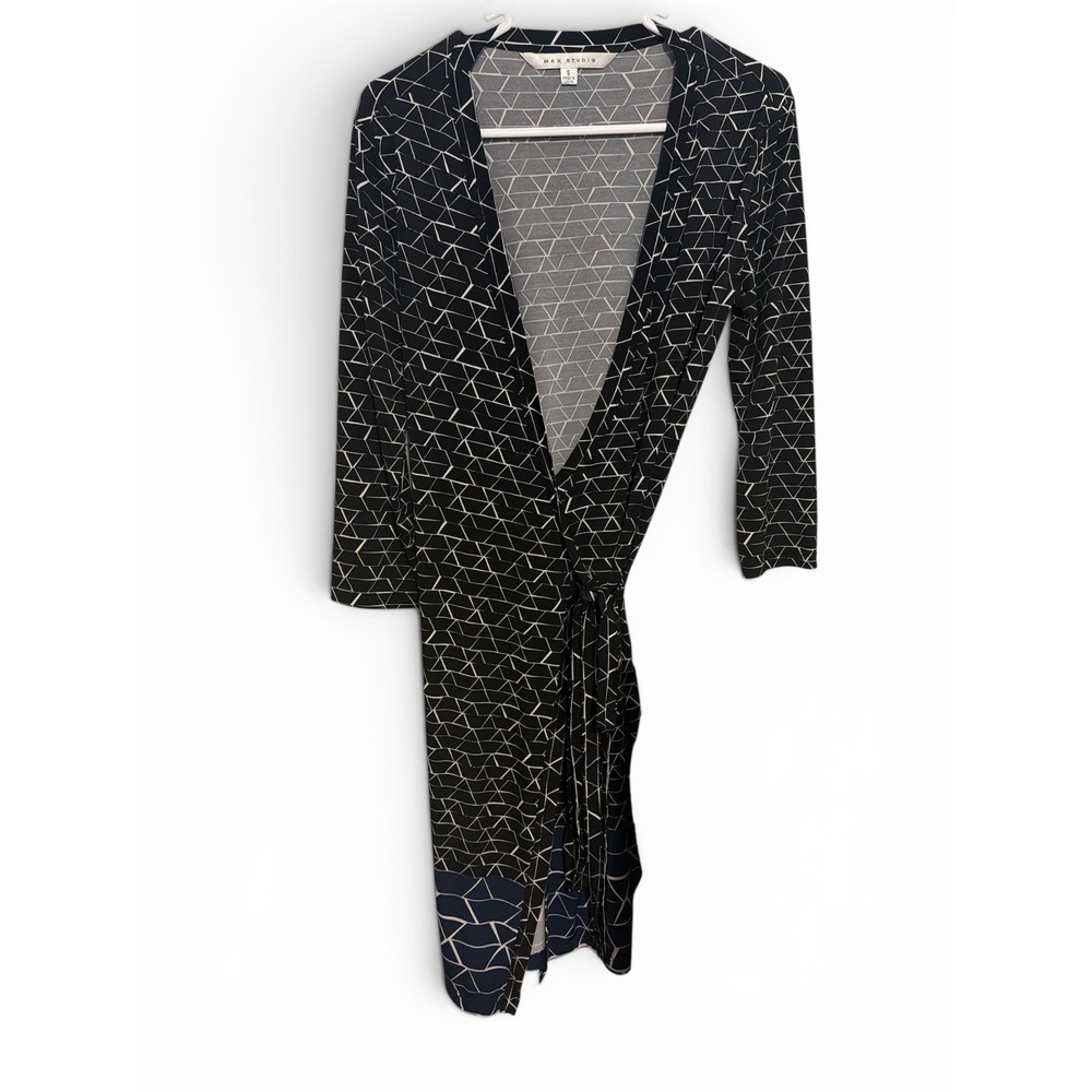 Max Studio Womens Geometric Triangle Print Wrap Dress Black White Navy Blue
